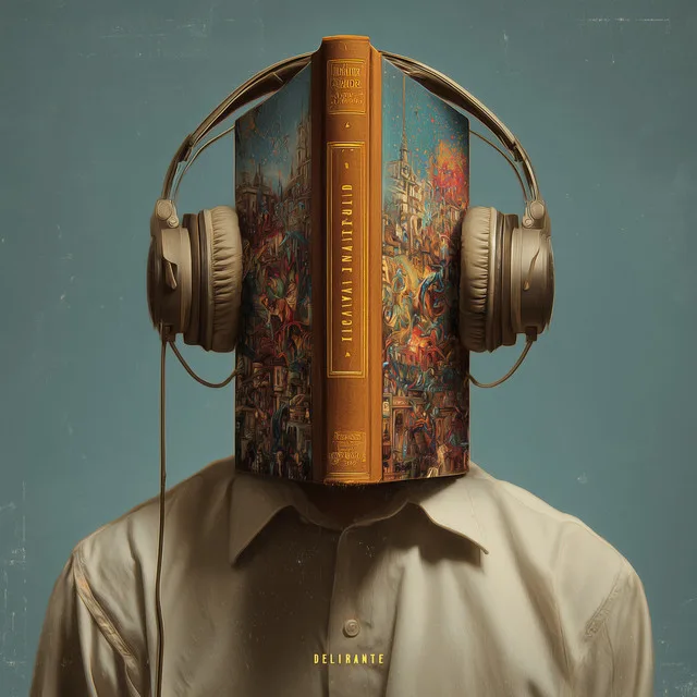 Tapa de Delirante: un hombre con un libro abierto en lugar de cabeza y auriculares puestos